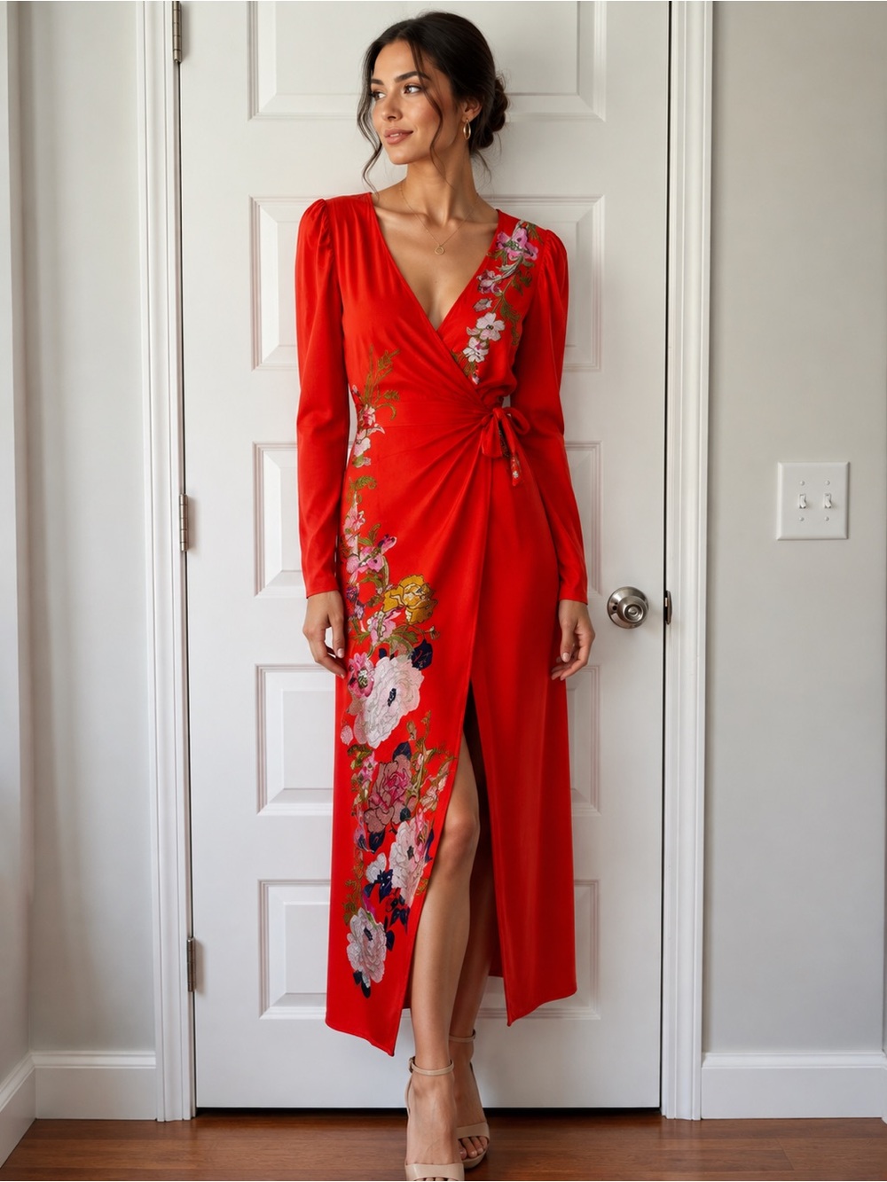 ASOS Red Floral Wrap Midi Dress with Long Sleeves